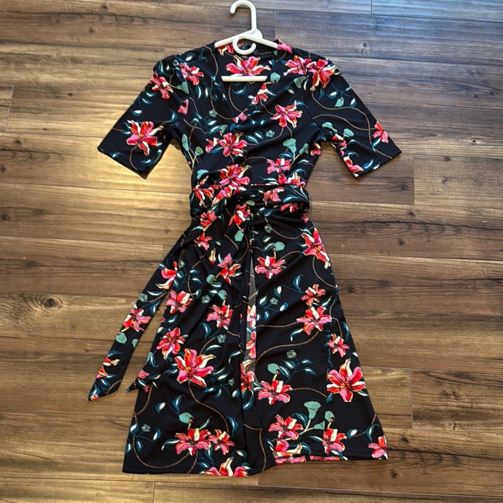 Floral Wrap Midi Dress - Black with Pink Floral